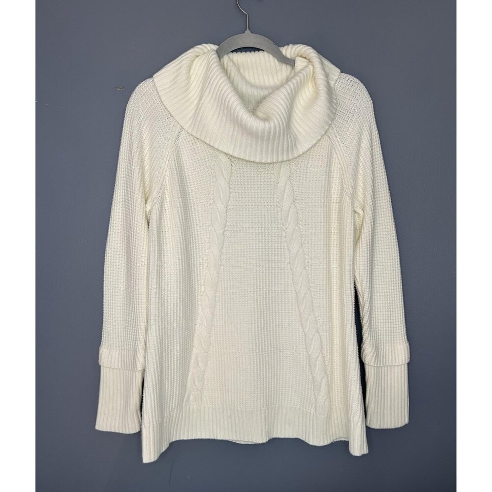 Calvin Klein Sweater Womens Large White Ivory Cowl Neck Cable Knit Waffle Tunic‎